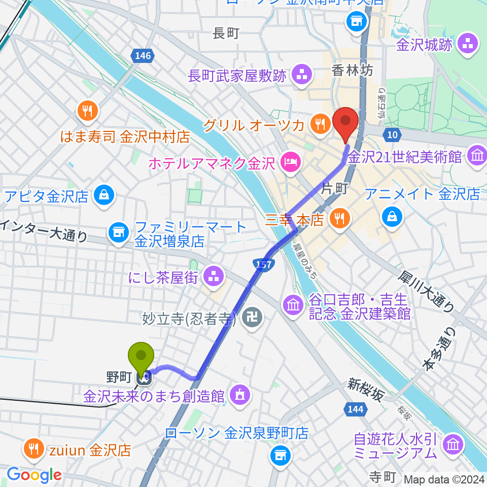 金沢MINSHIAの最寄駅野町駅からの徒歩ルート（約20分）地図