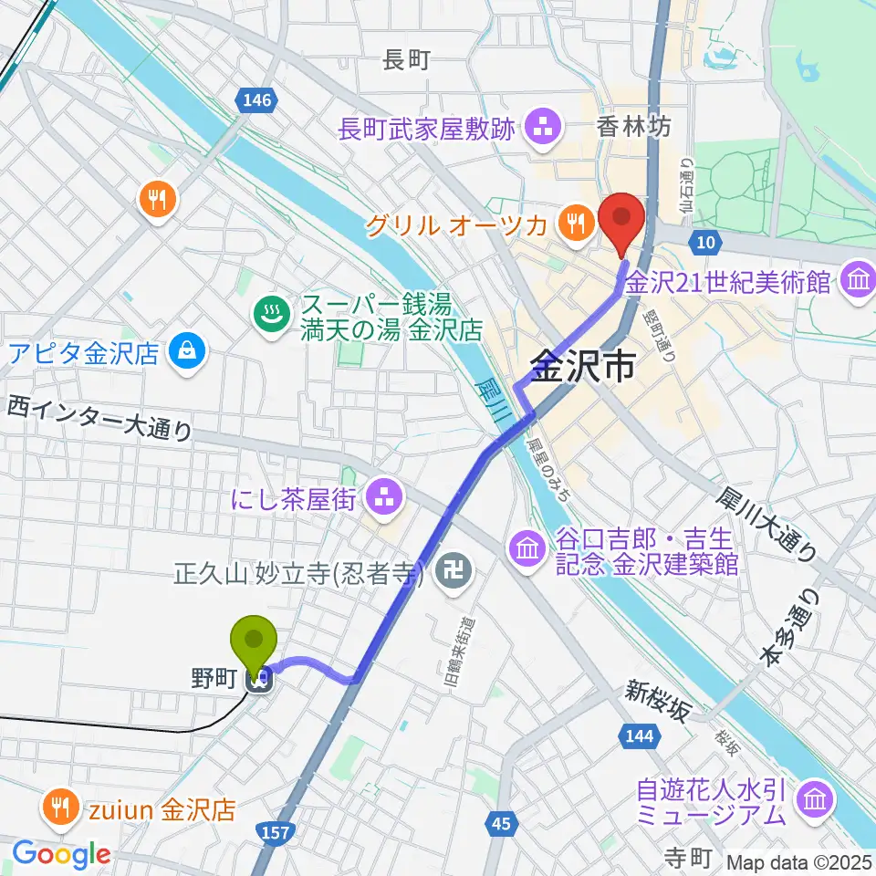 金沢MINSHIAの最寄駅野町駅からの徒歩ルート（約20分）地図