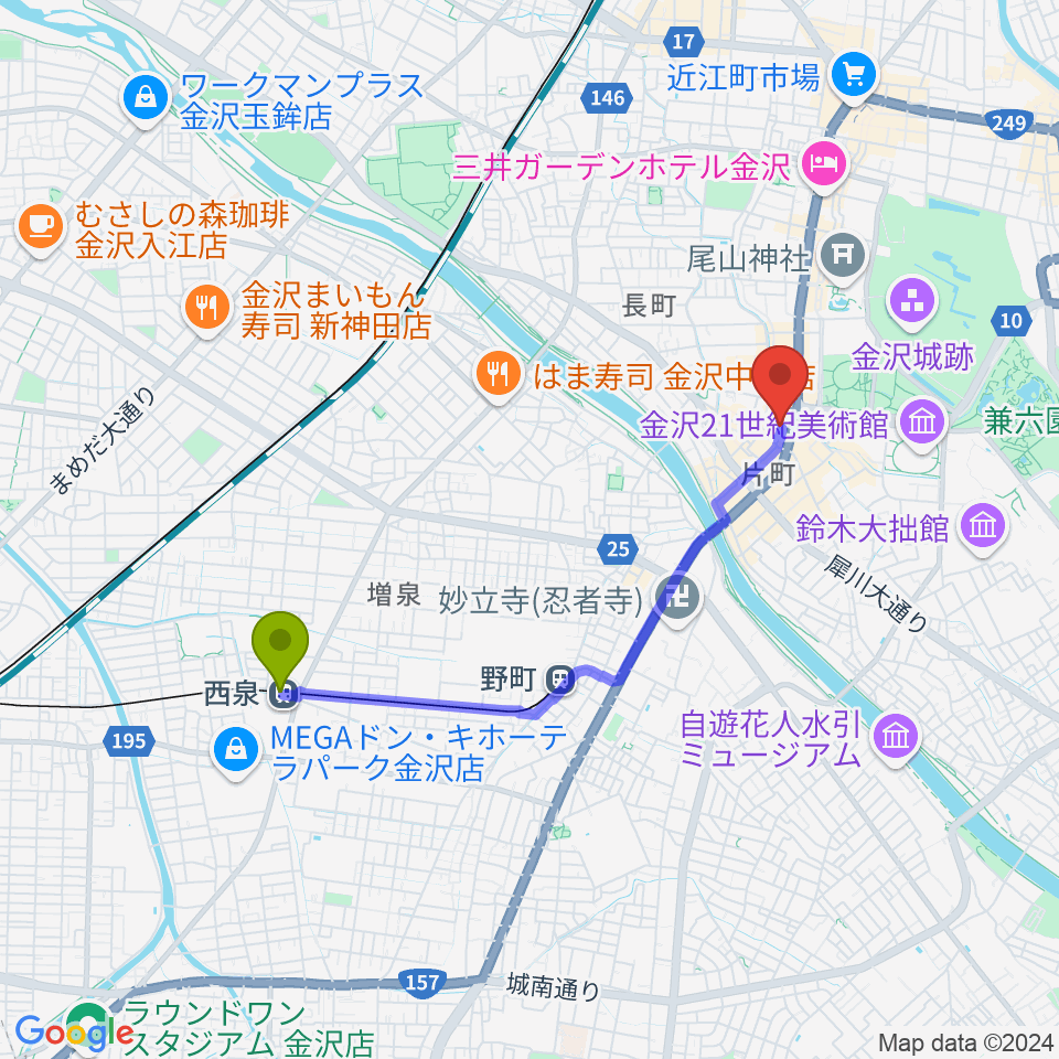 西泉駅から金沢MINSHIAへのルートマップ地図