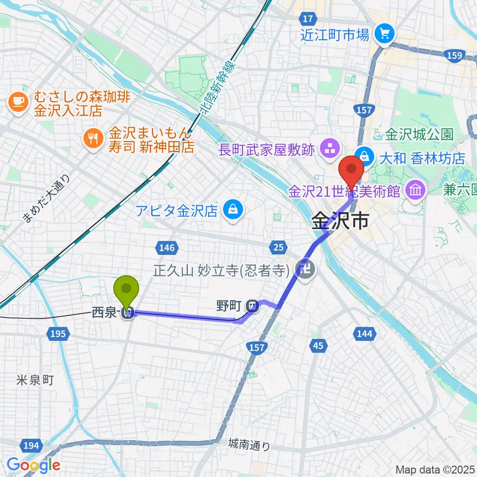 西泉駅から金沢MINSHIAへのルートマップ地図