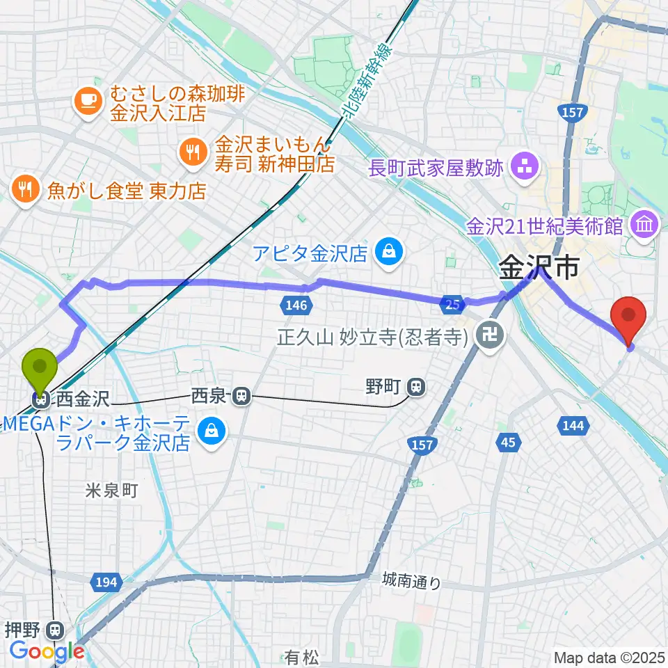 西金沢駅からエスタシオレコーズへのルートマップ地図