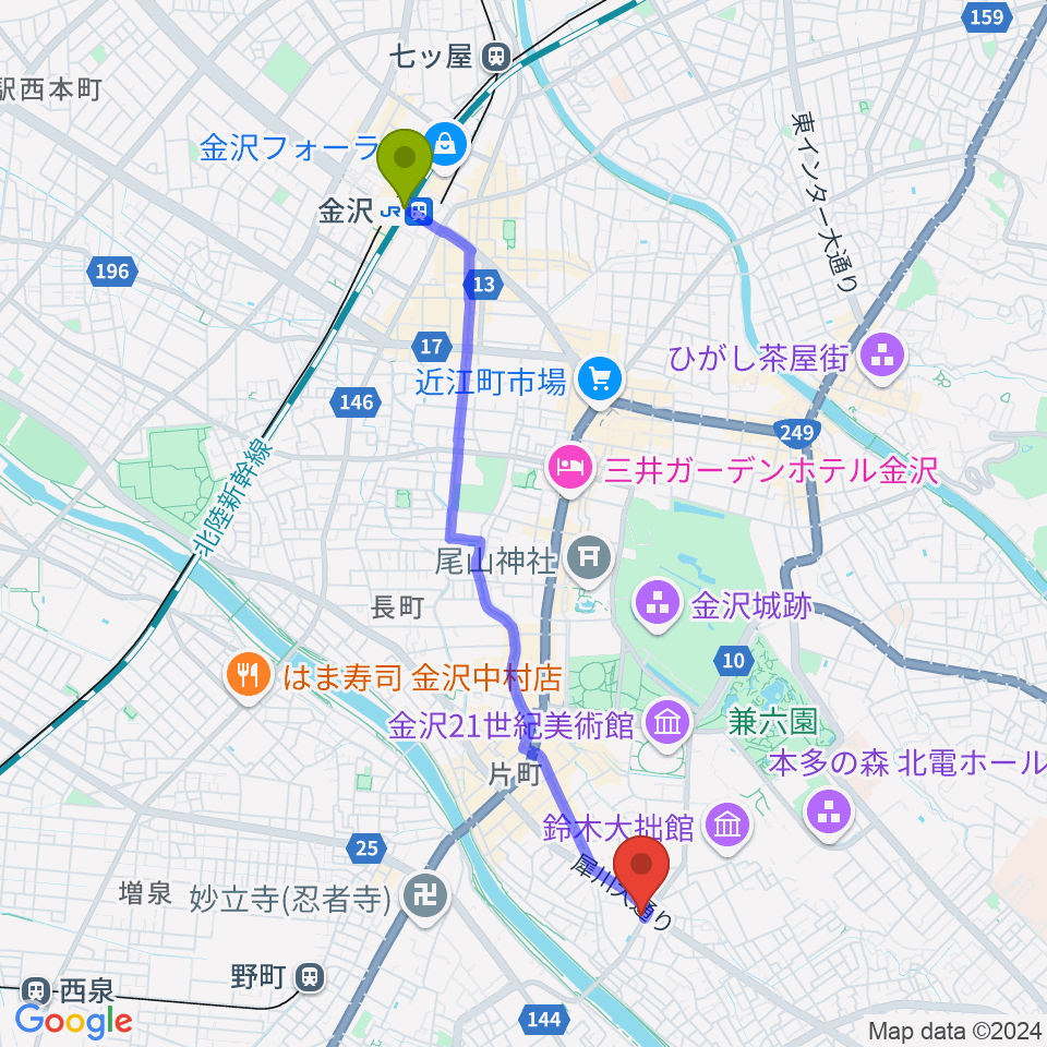 金沢駅からエスタシオレコーズへのルートマップ地図