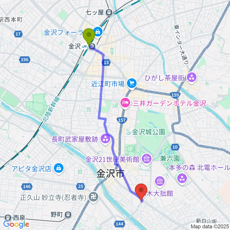 金沢駅からエスタシオレコーズへのルートマップ地図