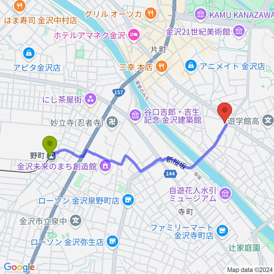 エスタシオレコーズの最寄駅野町駅からの徒歩ルート（約20分）地図