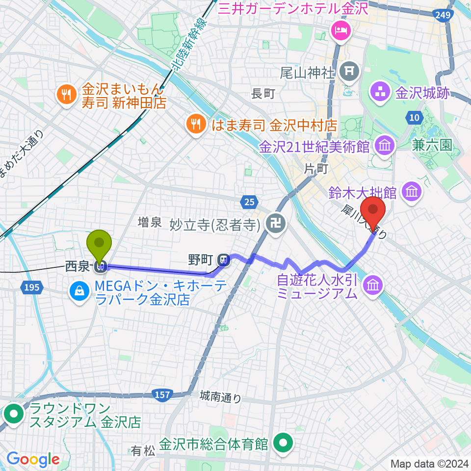 西泉駅からエスタシオレコーズへのルートマップ地図