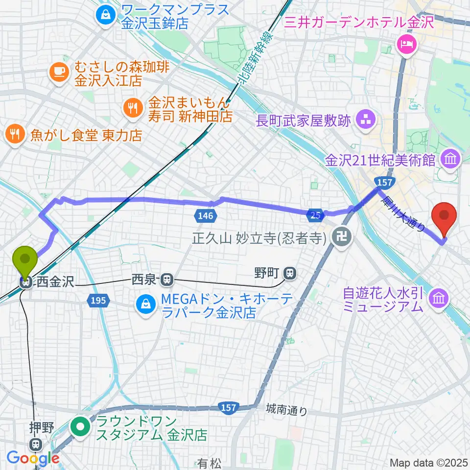 西金沢駅から道草カフェ・アルプへのルートマップ地図