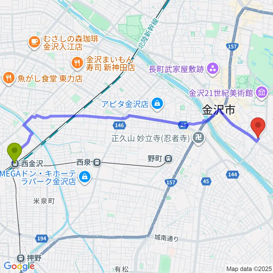 西金沢駅から道草カフェ・アルプへのルートマップ地図