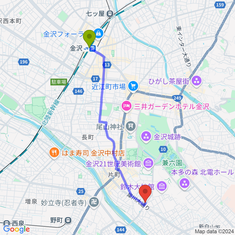 金沢駅から道草カフェ・アルプへのルートマップ地図