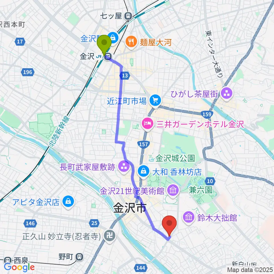 金沢駅から道草カフェ・アルプへのルートマップ地図