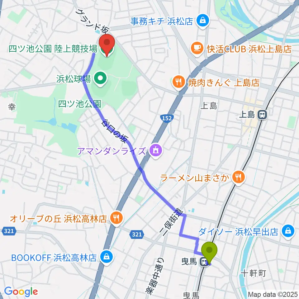 曳馬駅から四ツ池公園陸上競技場へのルートマップ地図