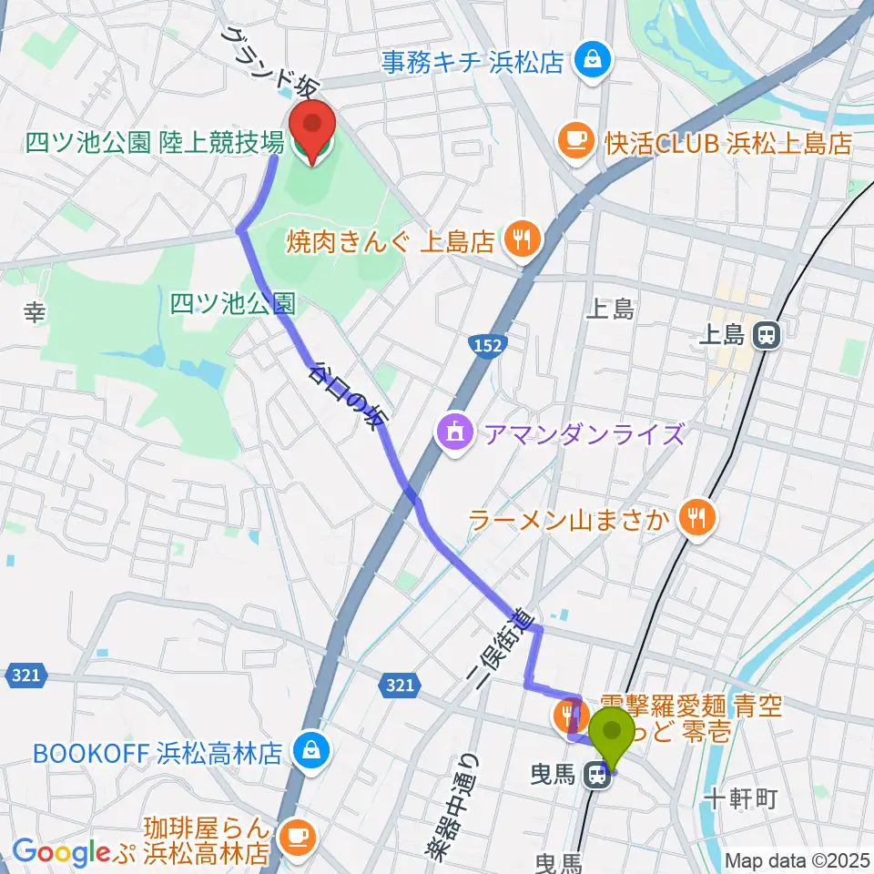 曳馬駅から四ツ池公園陸上競技場へのルートマップ地図