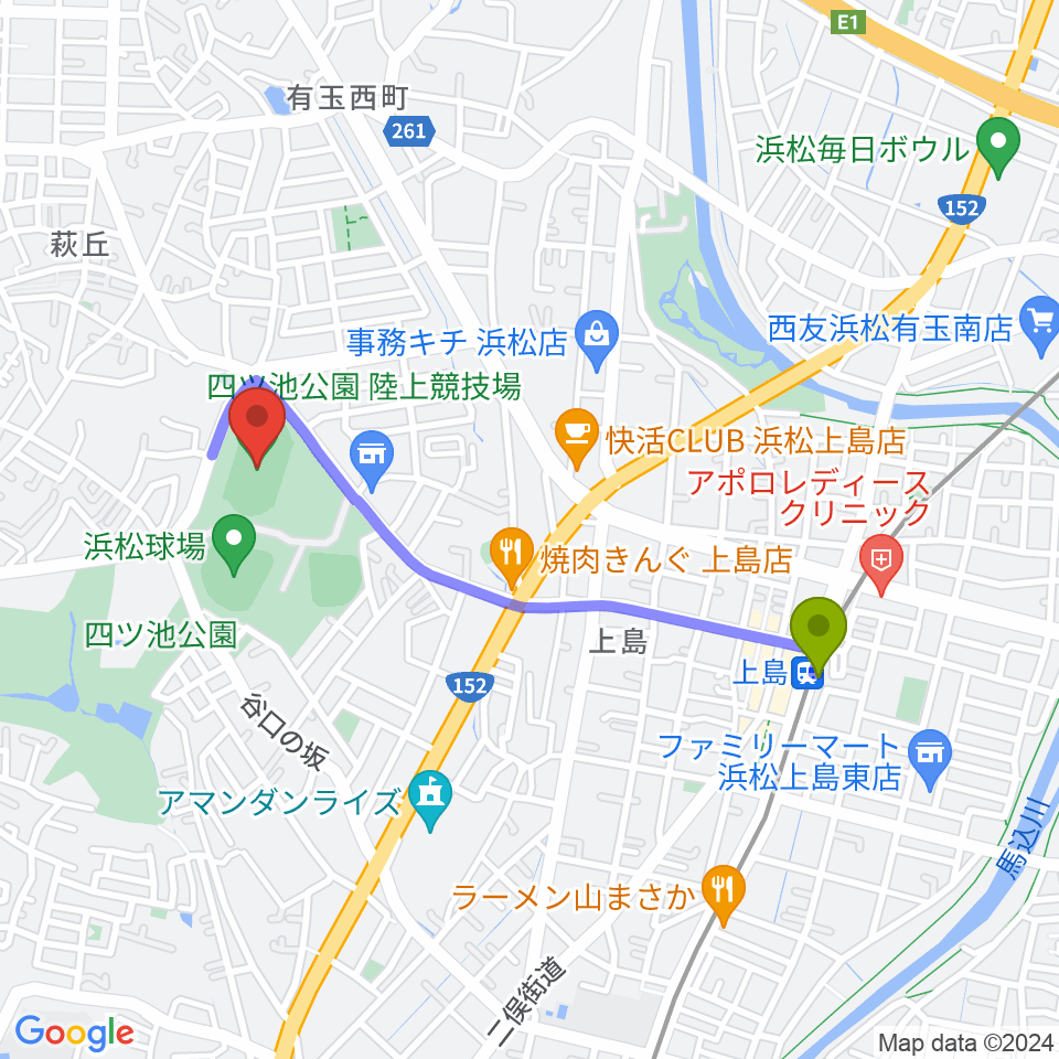 四ツ池公園陸上競技場の最寄駅上島駅からの徒歩ルート（約18分）地図