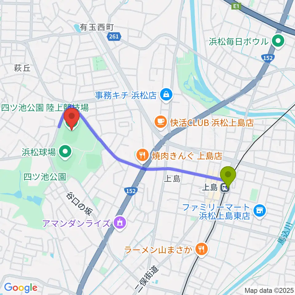 四ツ池公園陸上競技場の最寄駅上島駅からの徒歩ルート（約18分）地図