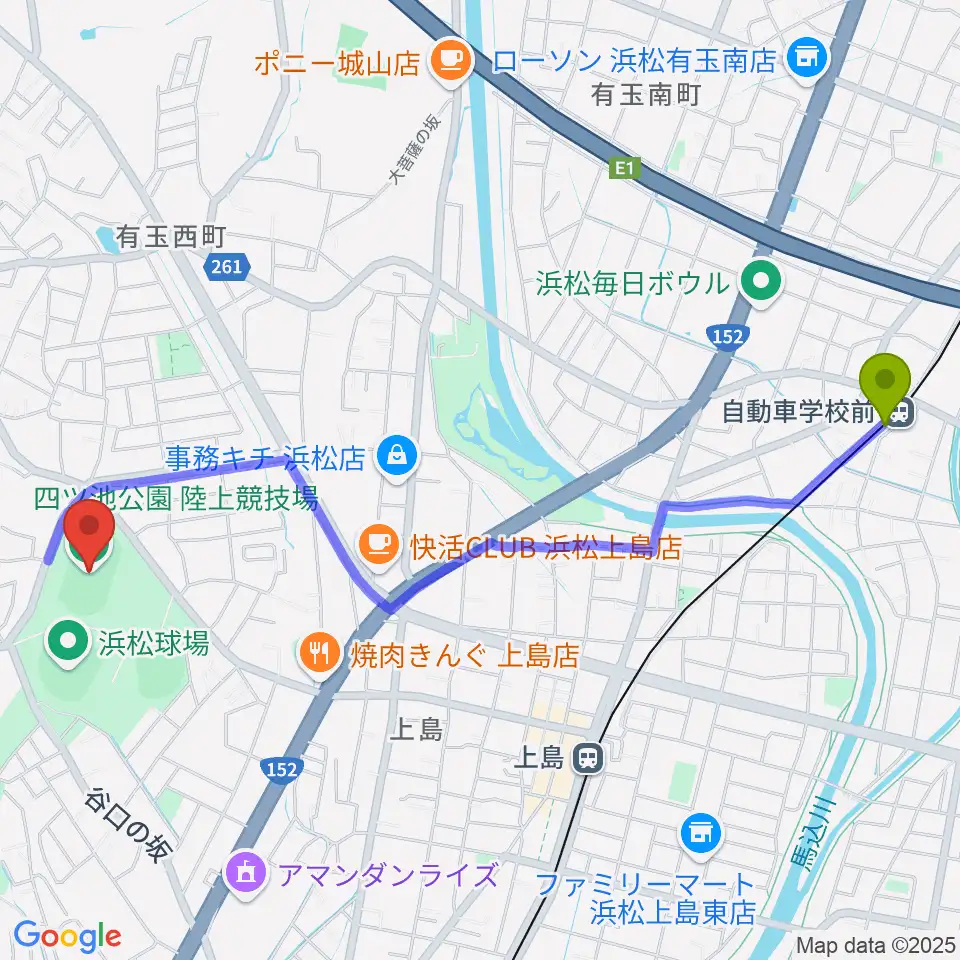 自動車学校前駅から四ツ池公園陸上競技場へのルートマップ地図