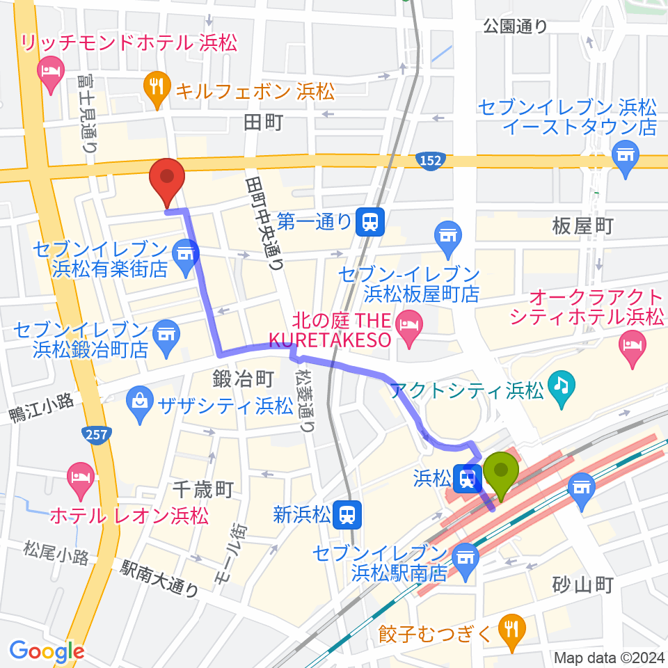 浜松駅から浜松シネマイーラへのルートマップ地図