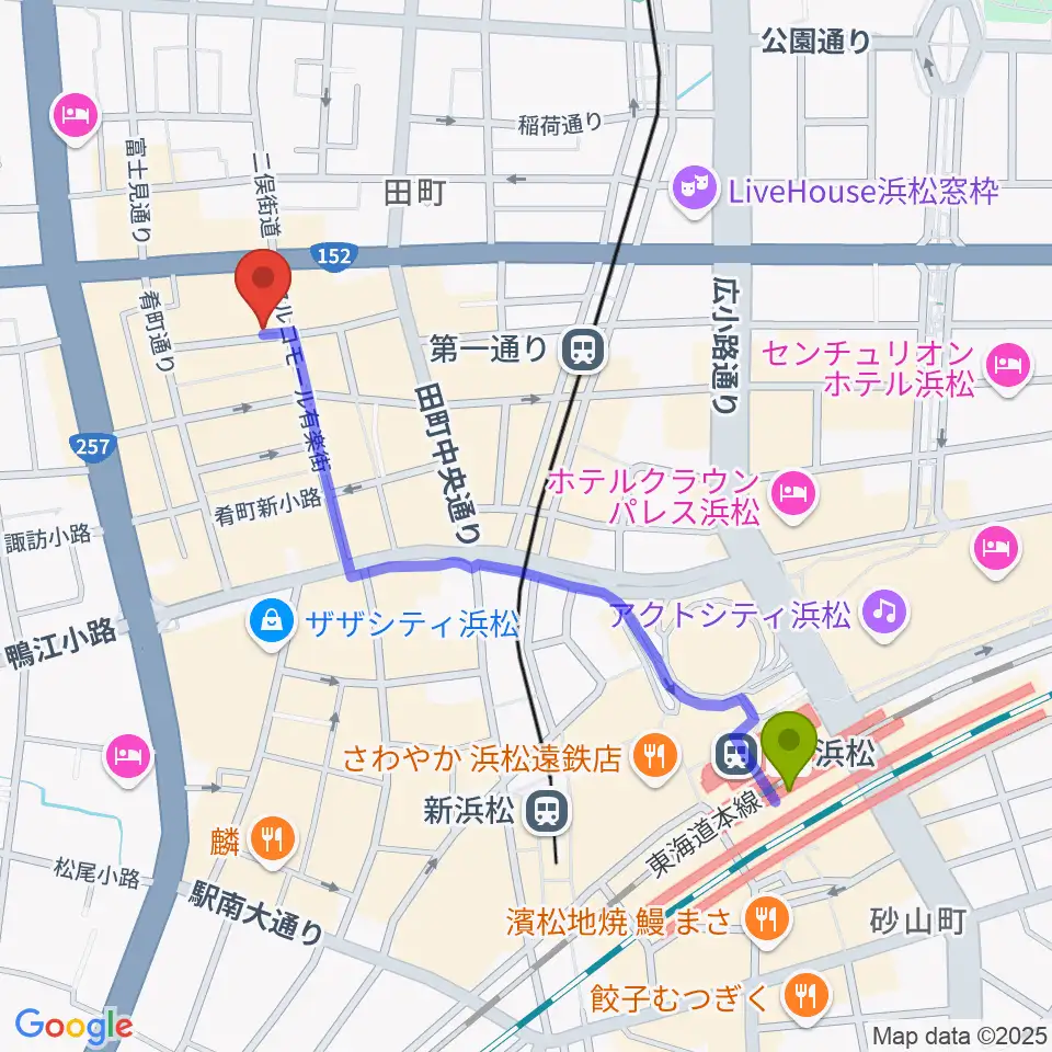 浜松駅から浜松シネマイーラへのルートマップ地図