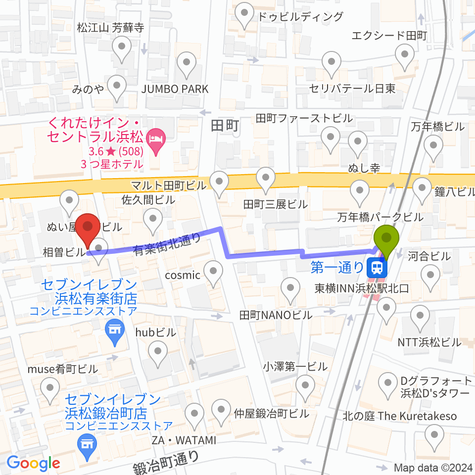 浜松シネマイーラの最寄駅第一通り駅からの徒歩ルート（約5分）地図