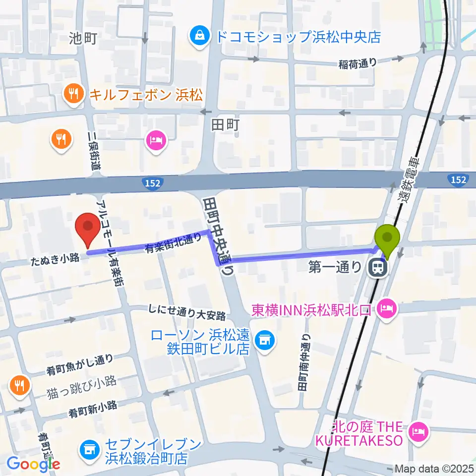 浜松シネマイーラの最寄駅第一通り駅からの徒歩ルート（約5分）地図