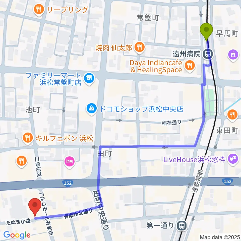 遠州病院駅から浜松シネマイーラへのルートマップ地図