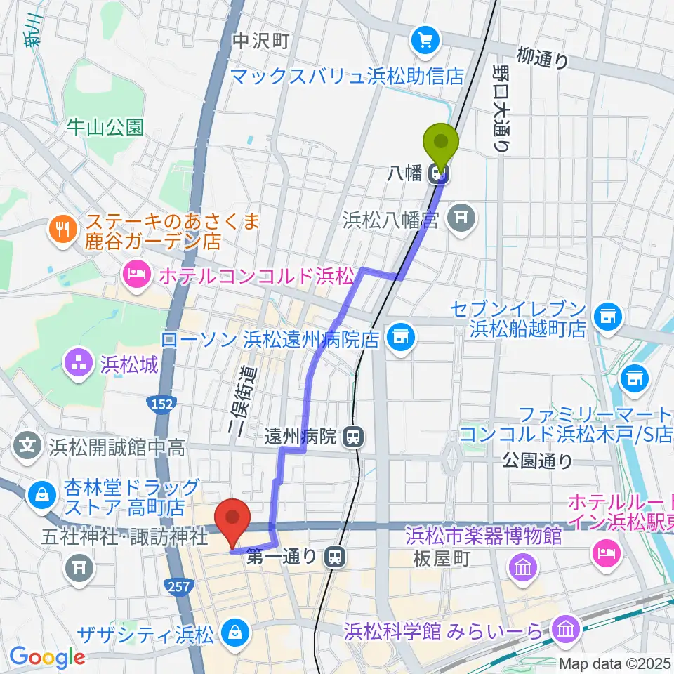 八幡駅から浜松シネマイーラへのルートマップ地図