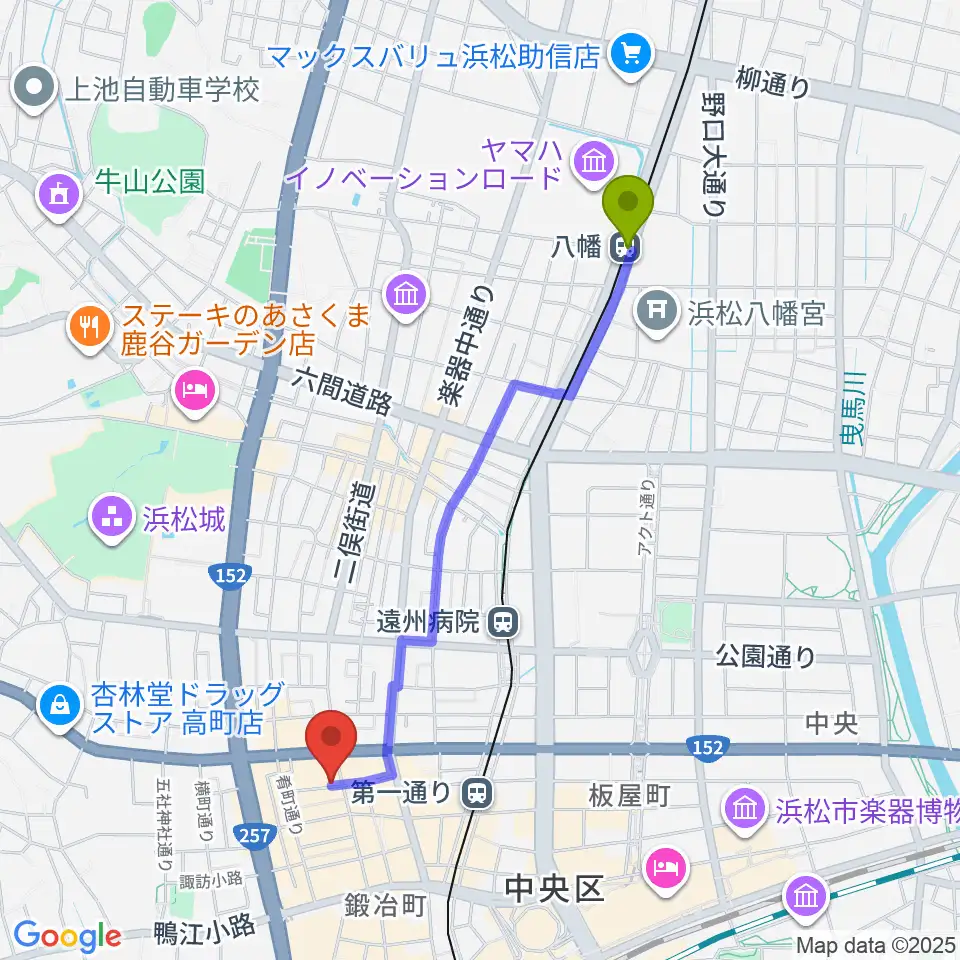 八幡駅から浜松シネマイーラへのルートマップ地図