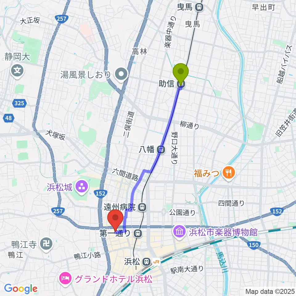 助信駅から浜松シネマイーラへのルートマップ地図