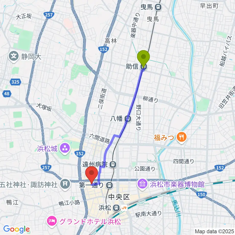 助信駅から浜松シネマイーラへのルートマップ地図