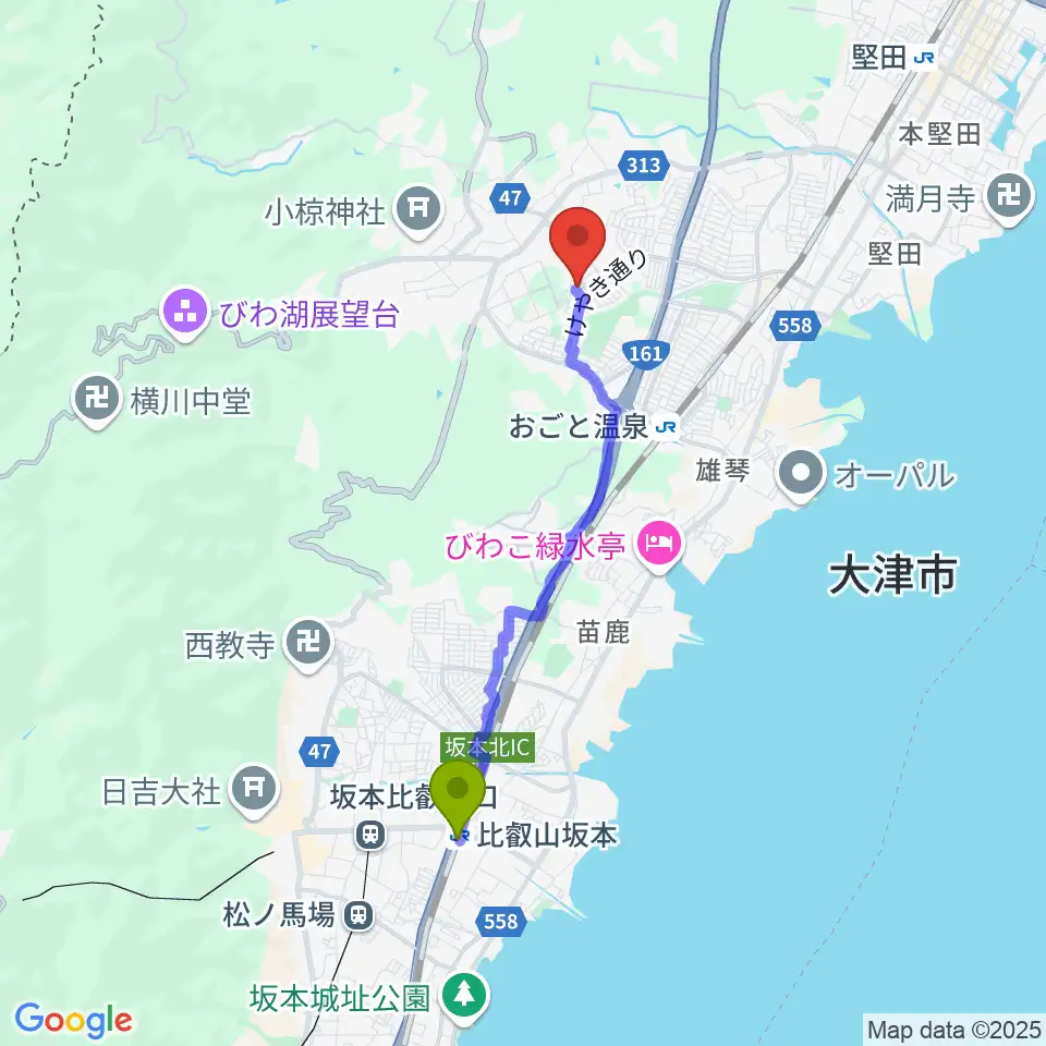 比叡山坂本駅から大崎晶子ピアノエレクトーン教室へのルートマップ地図