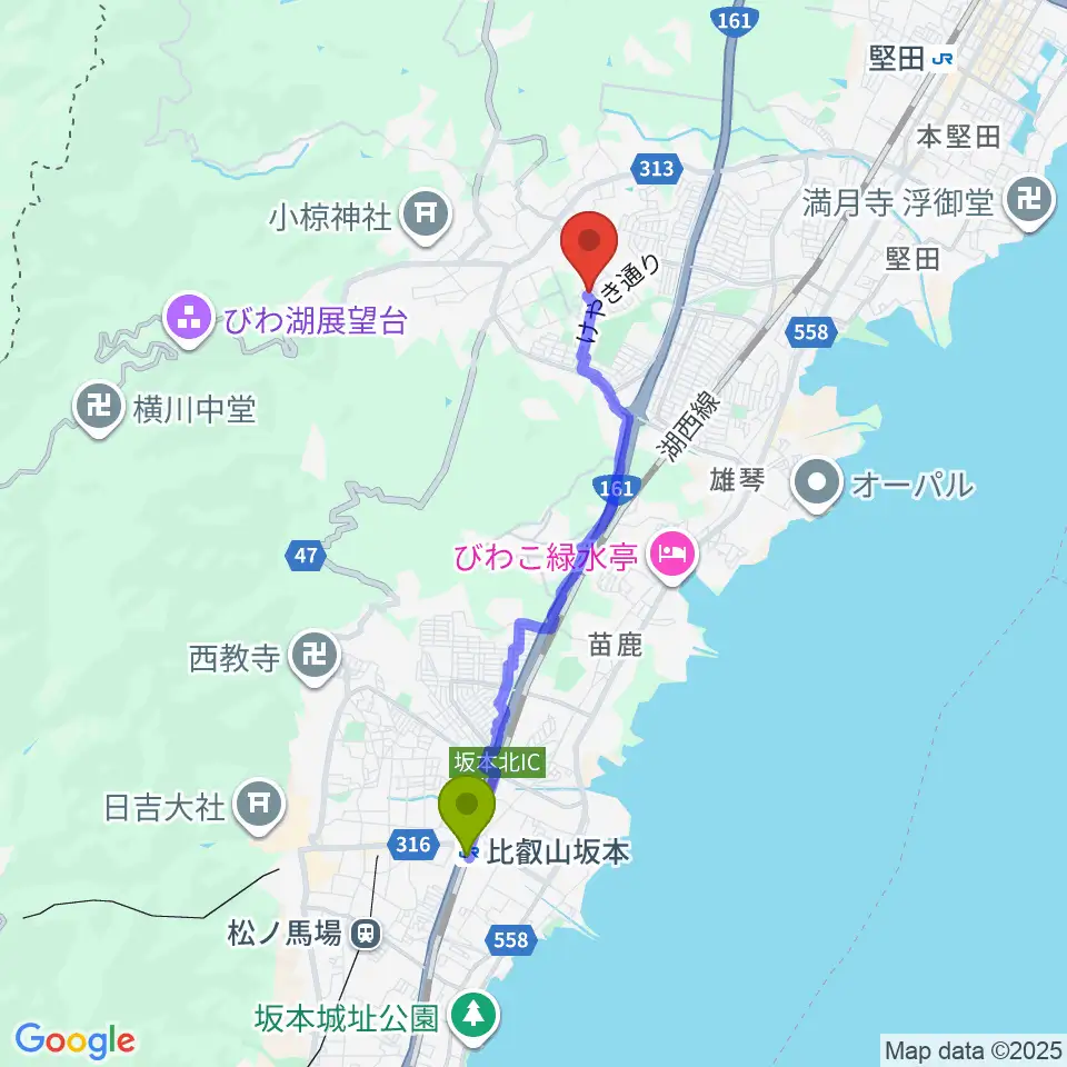 比叡山坂本駅から大崎晶子ピアノエレクトーン教室へのルートマップ地図