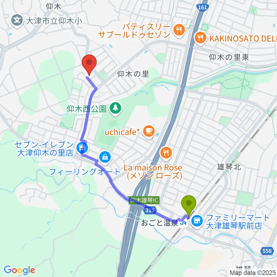 大崎晶子ピアノエレクトーン教室の最寄駅おごと温泉駅からの徒歩ルート（約19分）地図