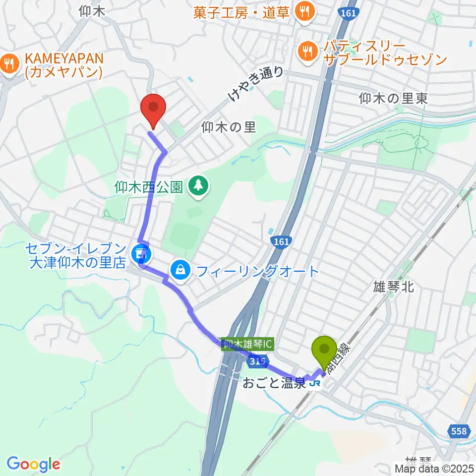 大崎晶子ピアノエレクトーン教室の最寄駅おごと温泉駅からの徒歩ルート（約19分）地図