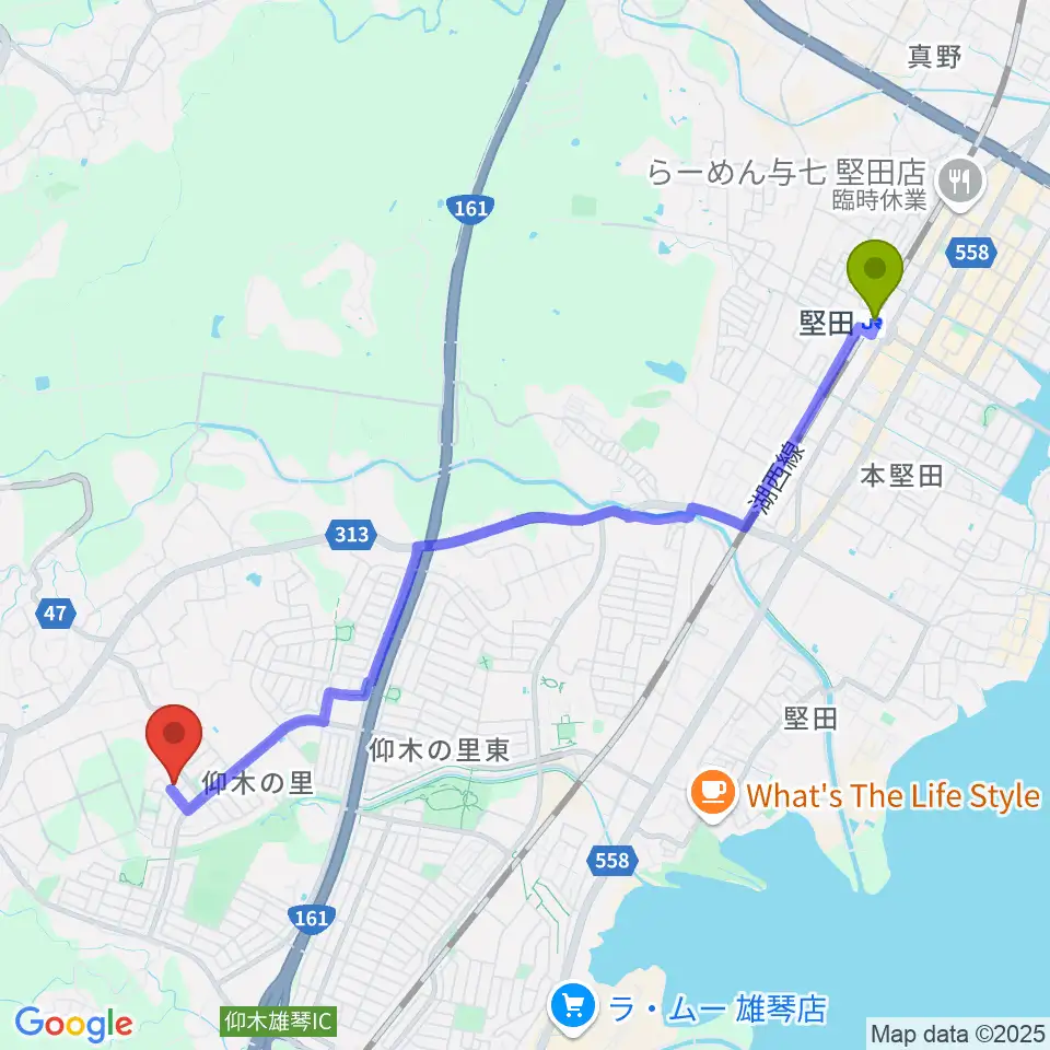 堅田駅から大崎晶子ピアノエレクトーン教室へのルートマップ地図