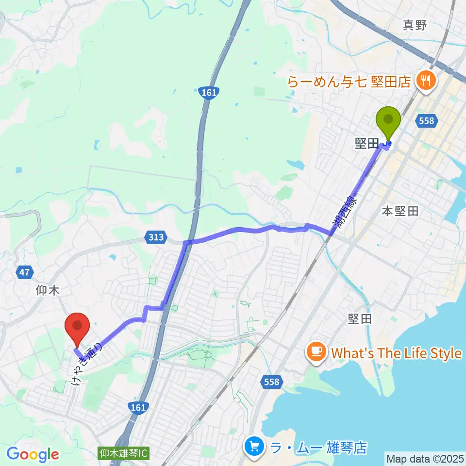 堅田駅から大崎晶子ピアノエレクトーン教室へのルートマップ地図