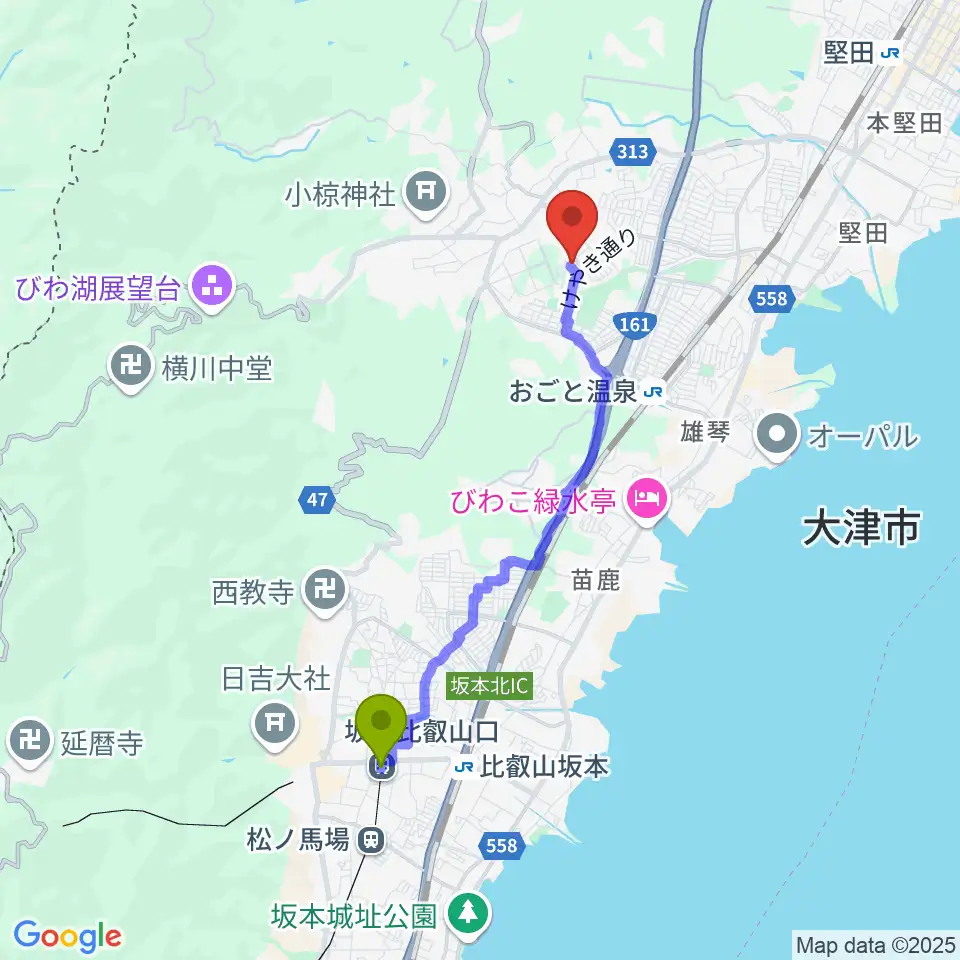 坂本比叡山口駅から大崎晶子ピアノエレクトーン教室へのルートマップ地図