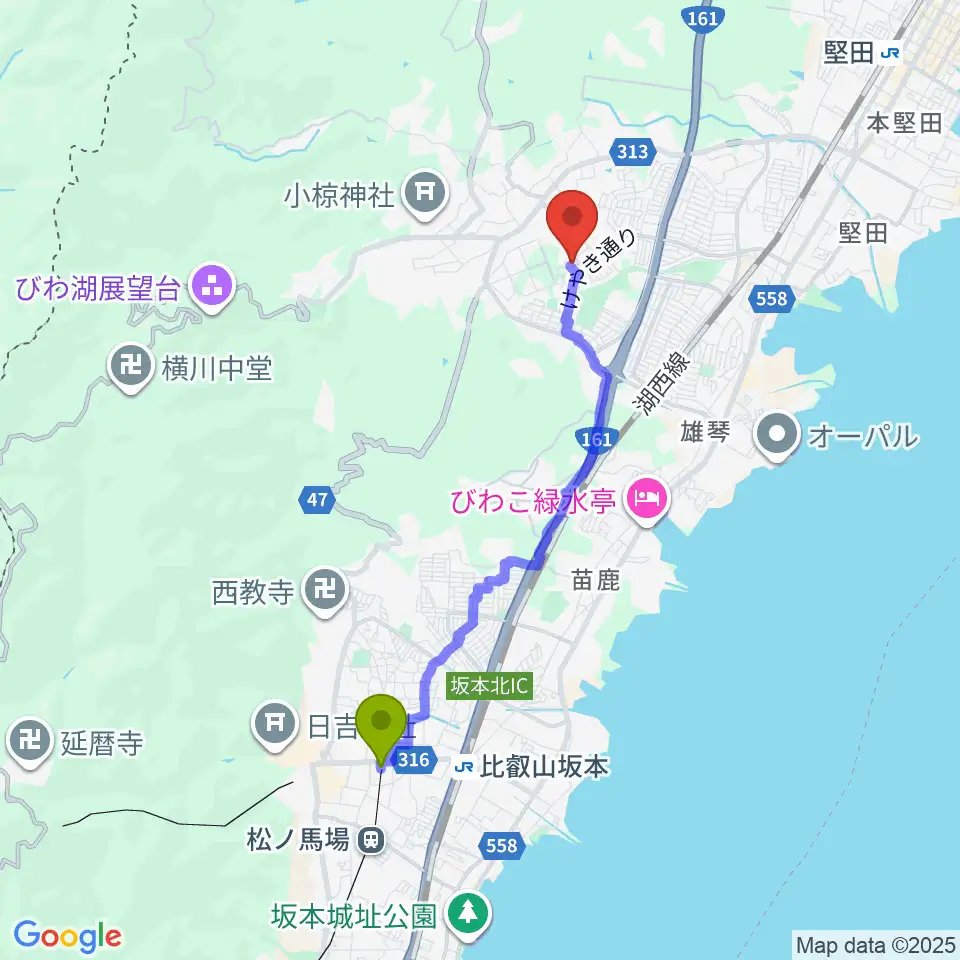坂本比叡山口駅から大崎晶子ピアノエレクトーン教室へのルートマップ地図
