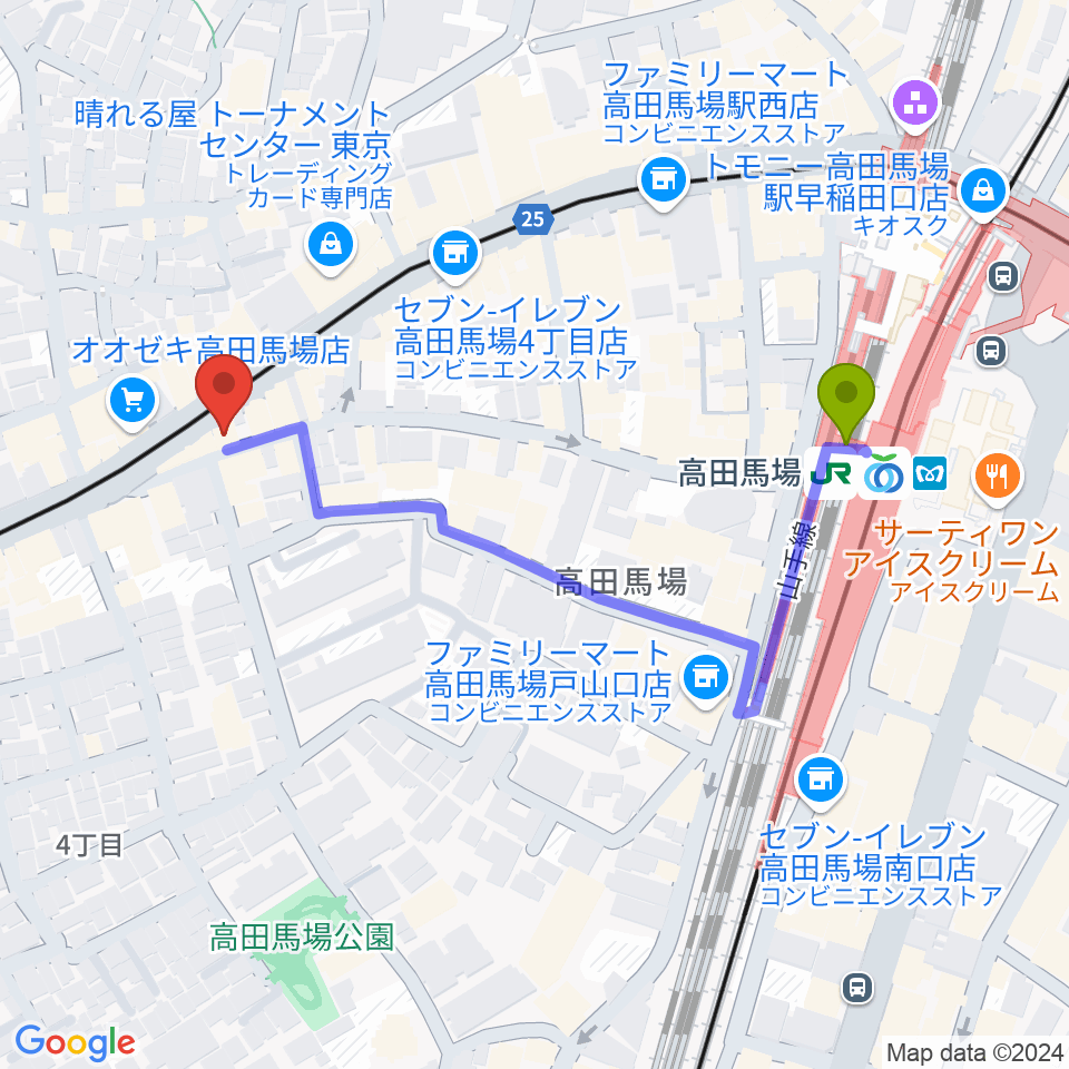 高田馬場フェリーハ音楽教室の最寄駅高田馬場駅からの徒歩ルート（約5分）地図