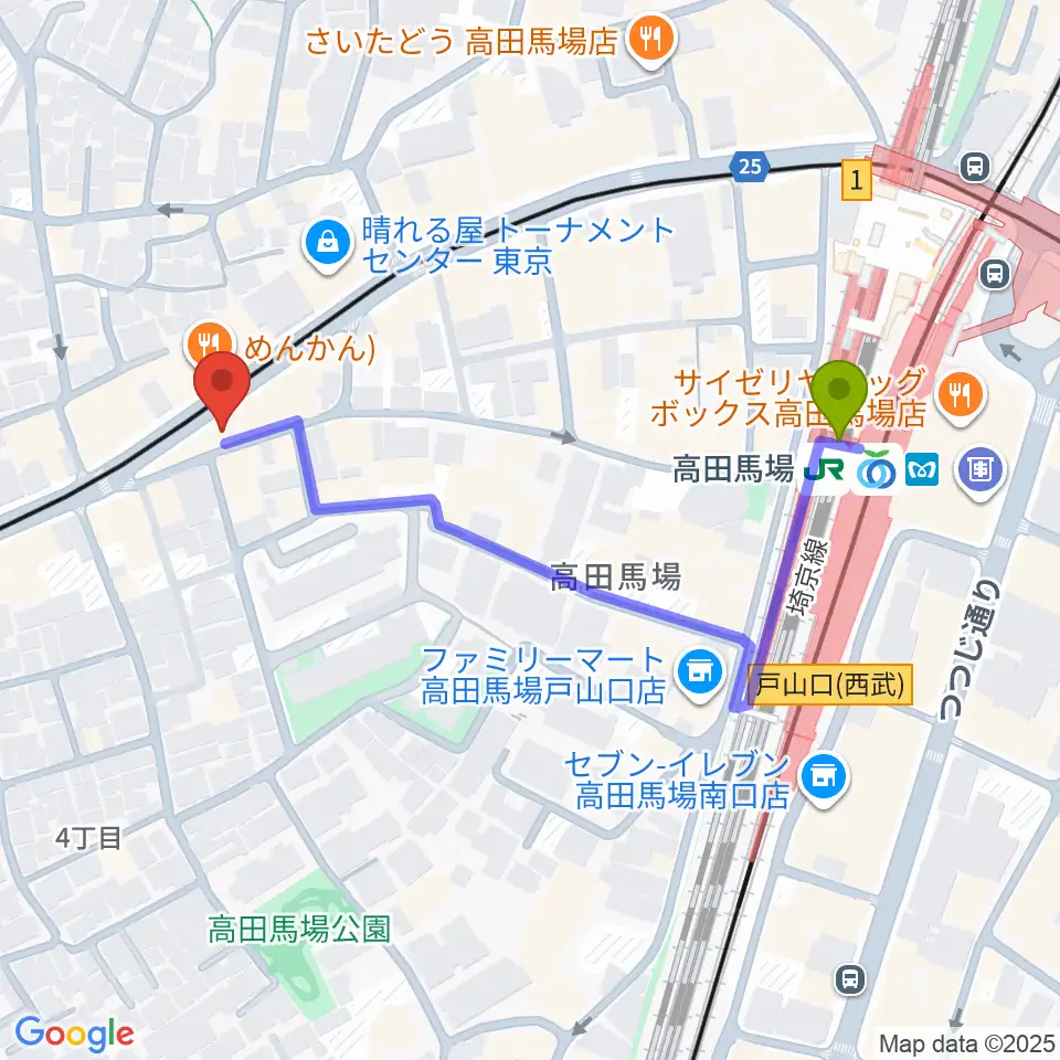 高田馬場フェリーハ音楽教室の最寄駅高田馬場駅からの徒歩ルート（約5分）地図