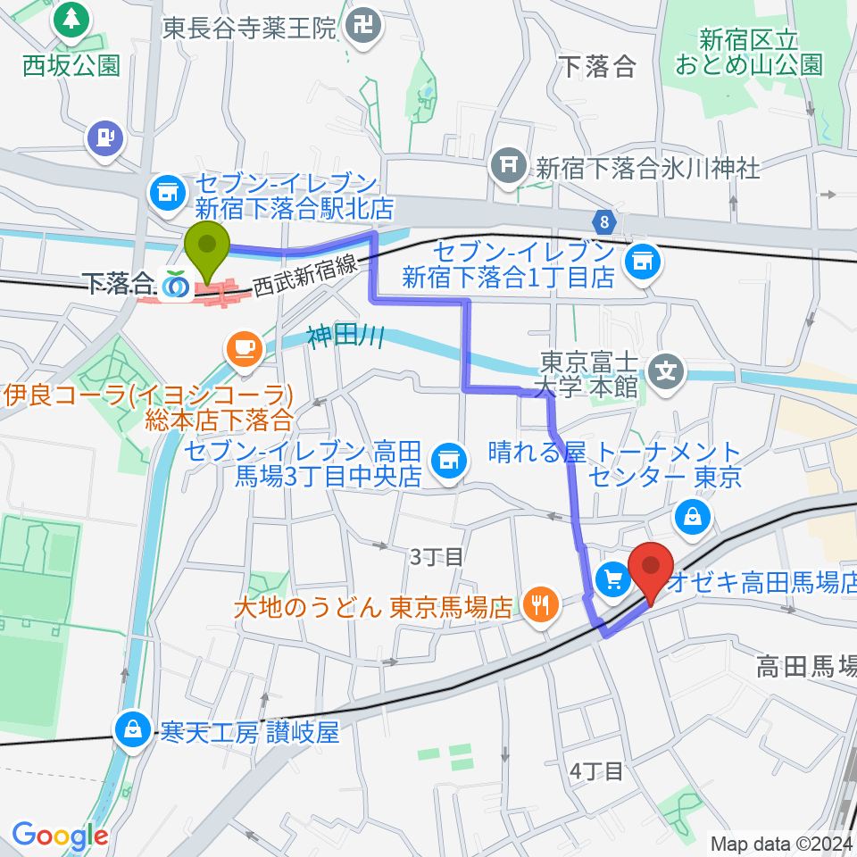 下落合駅から高田馬場フェリーハ音楽教室へのルートマップ地図