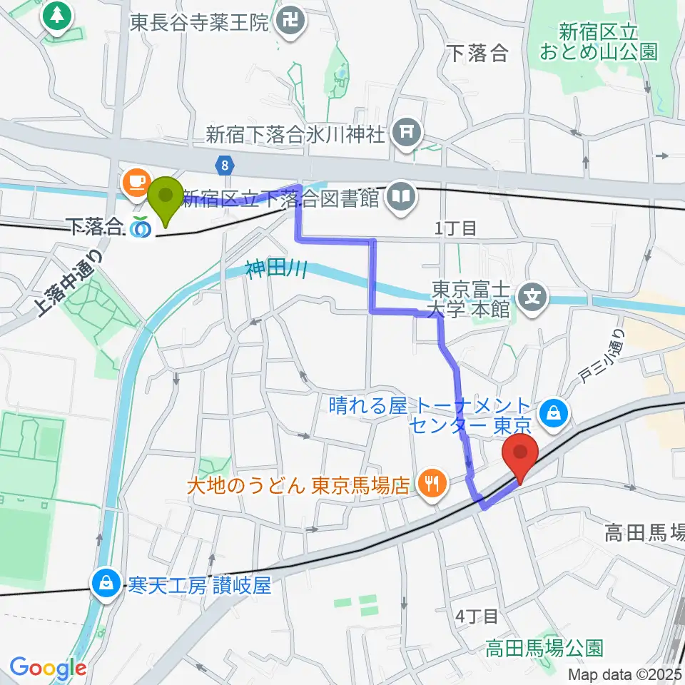 下落合駅から高田馬場フェリーハ音楽教室へのルートマップ地図