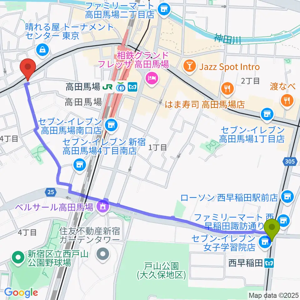 西早稲田駅から高田馬場フェリーハ音楽教室へのルートマップ地図