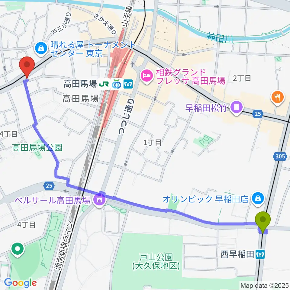 西早稲田駅から高田馬場フェリーハ音楽教室へのルートマップ地図