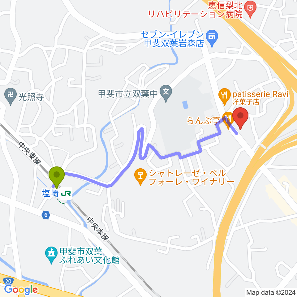 iB MUSIC STUDIOの最寄駅塩崎駅からの徒歩ルート（約10分）地図