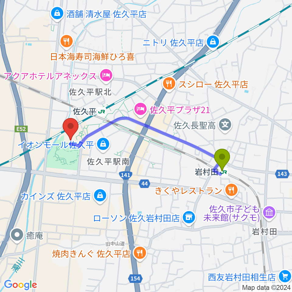 岩村田駅から佐久平交流センターへのルートマップ地図