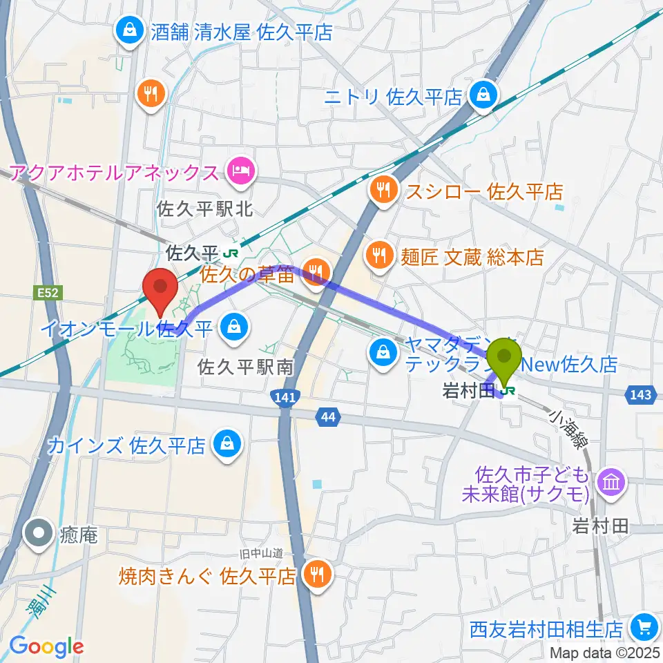 岩村田駅から佐久平交流センターへのルートマップ地図