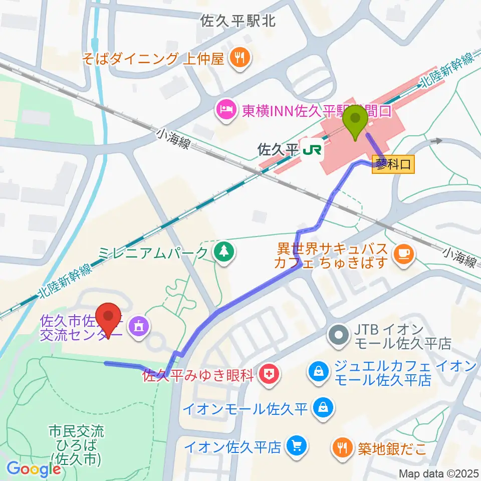佐久平交流センターの最寄駅佐久平駅からの徒歩ルート（約5分）地図
