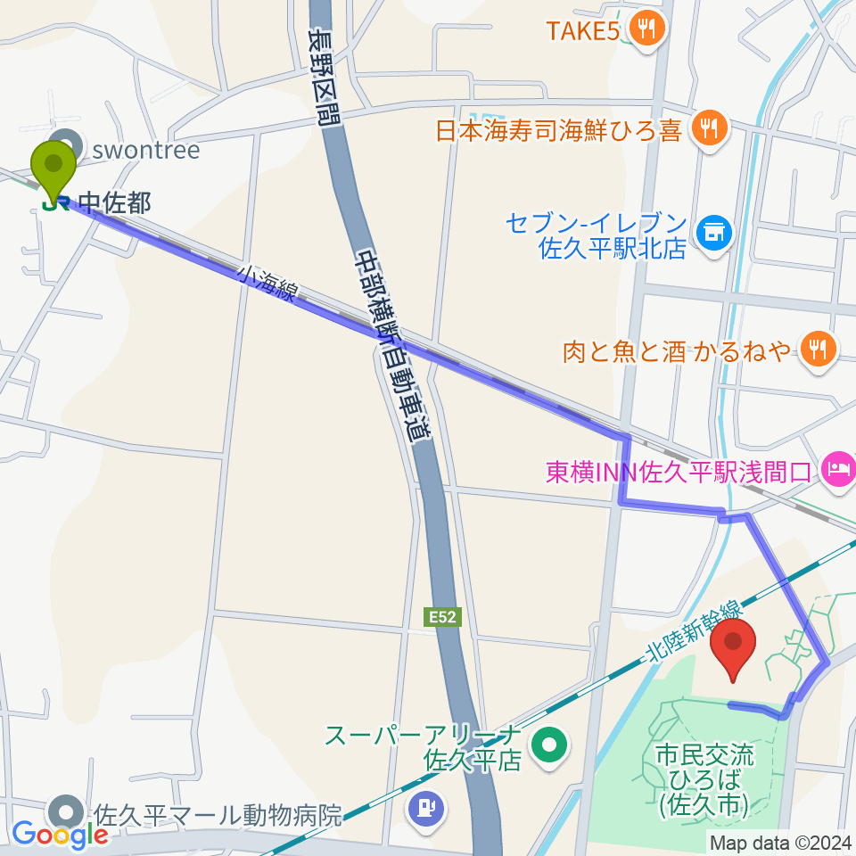 中佐都駅から佐久平交流センターへのルートマップ地図