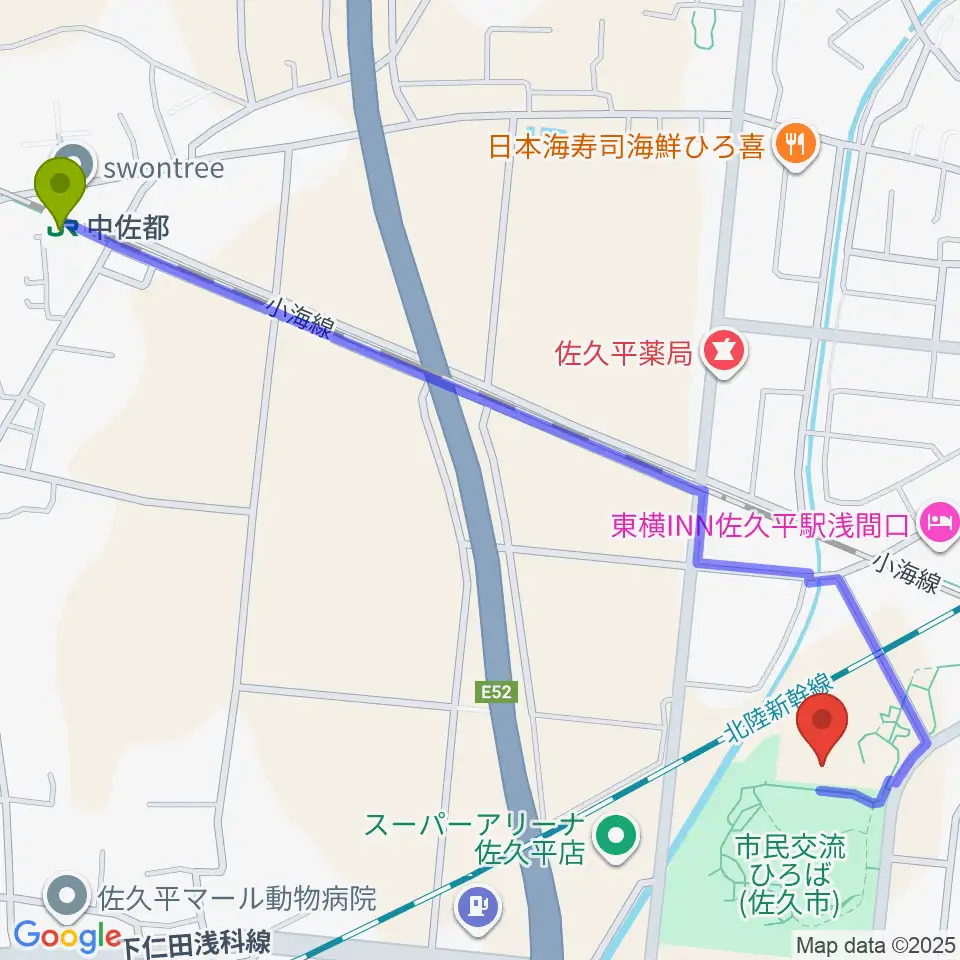 中佐都駅から佐久平交流センターへのルートマップ地図