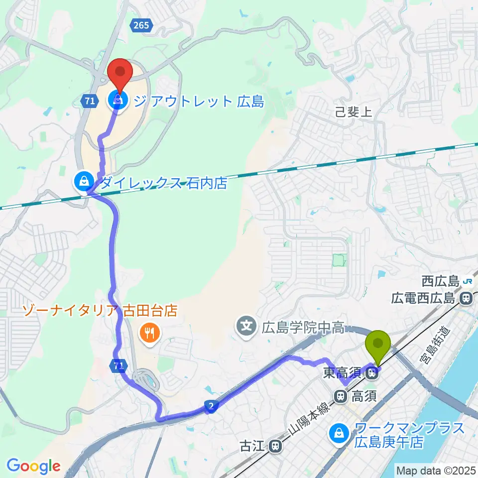 東高須駅から島村楽器アウトレット広島店へのルートマップ地図