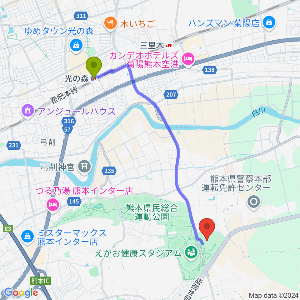 パークドーム熊本の最寄駅光の森駅からの徒歩ルート（約42分）地図