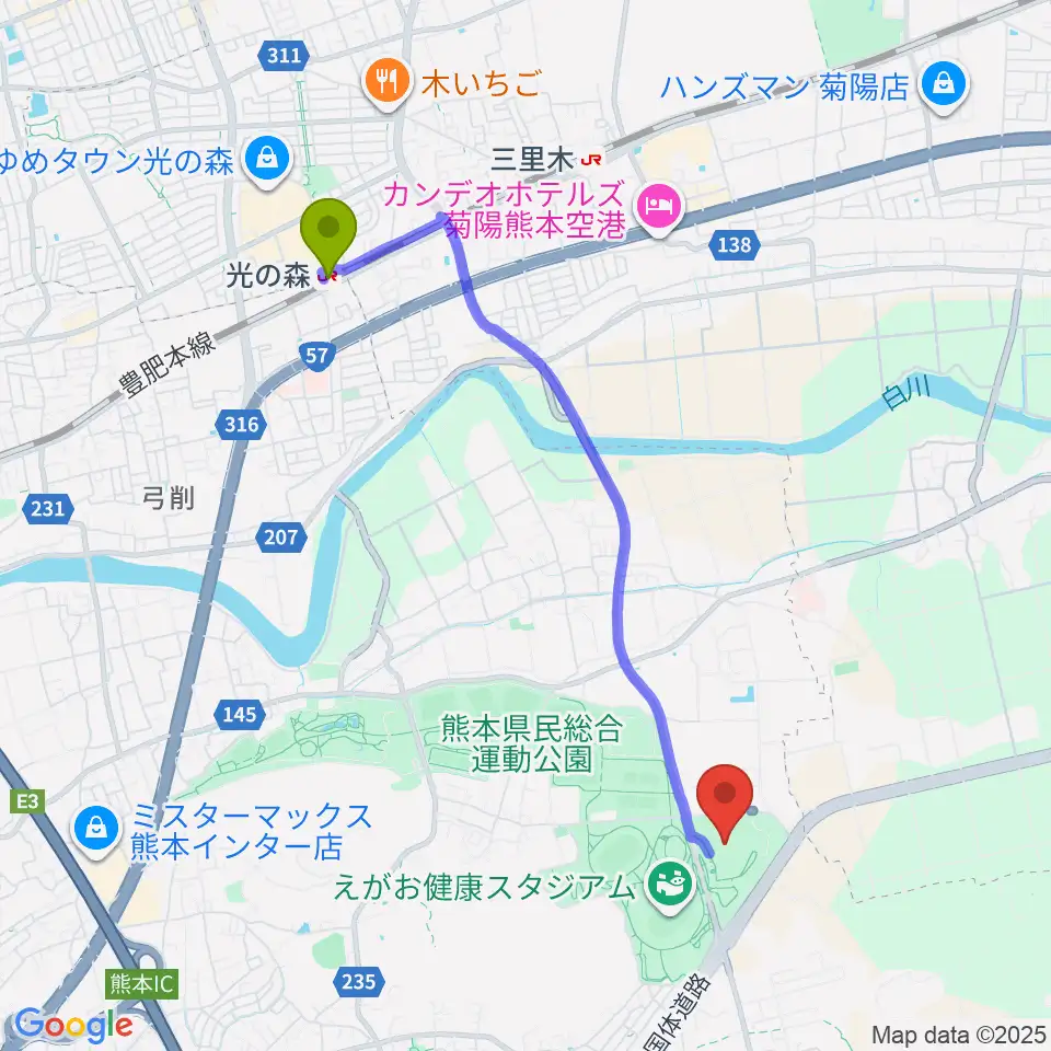 パークドーム熊本の最寄駅光の森駅からの徒歩ルート（約42分）地図